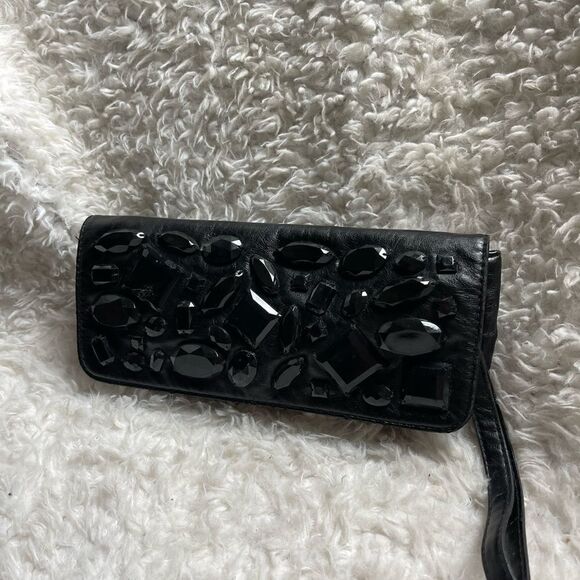 LULU Black faux leather wristlet embellished with black jewels. - Picture 2 of 9